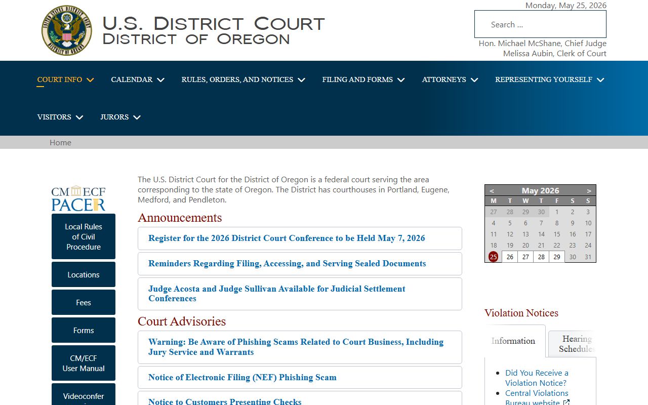Federal District Court for Oregon page for Multnomah County federal records