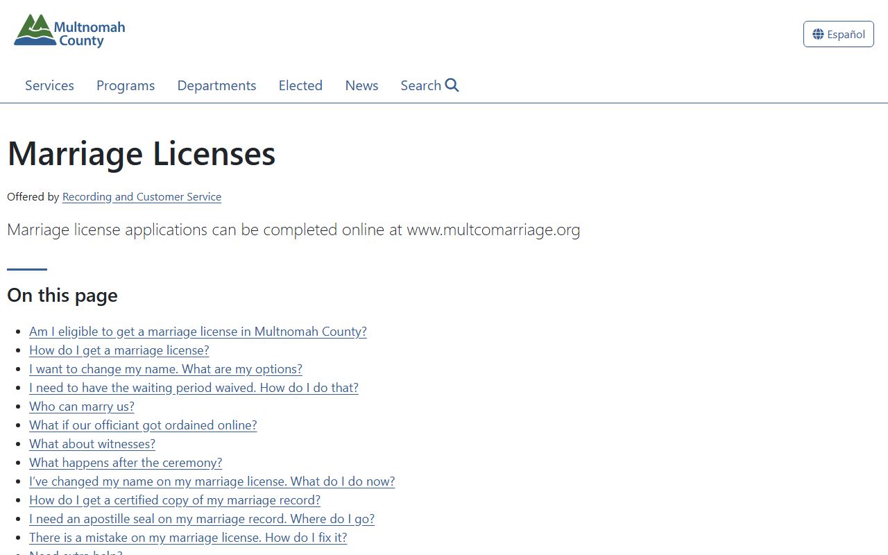 Multnomah County marriage license records page
