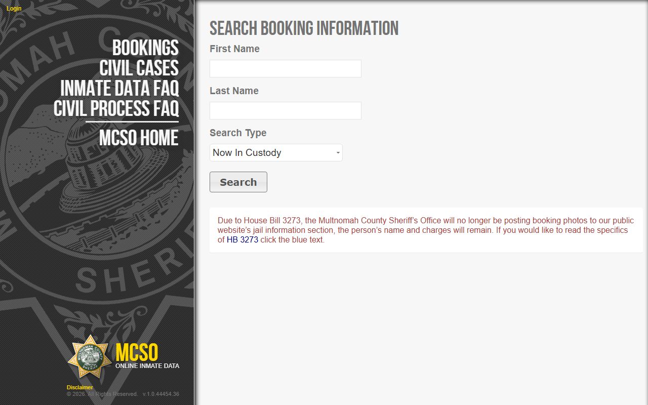 Multnomah County MCSO online inmate data search for jail records