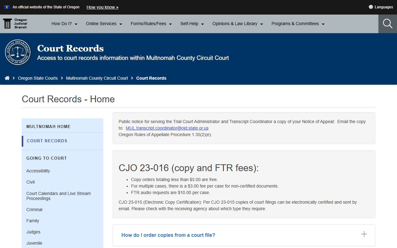 Multnomah County Court records request page for the Circuit Court