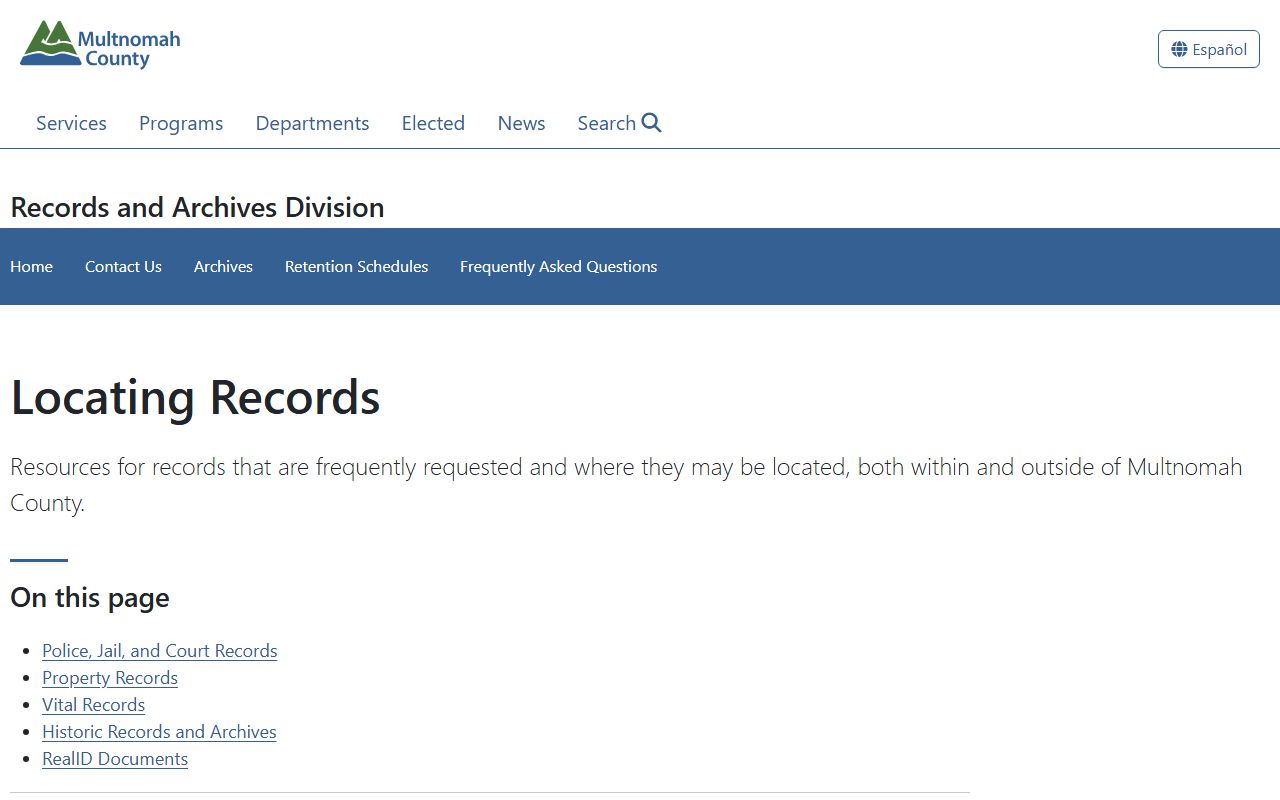 Multnomah County locating records page for court and public records
