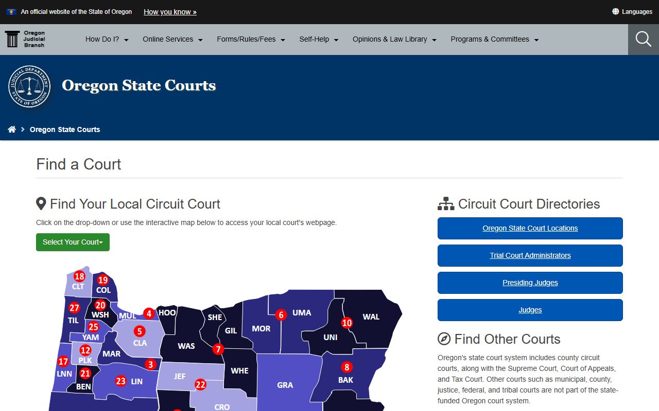 Find a Multnomah County court page for docket and calendar searches