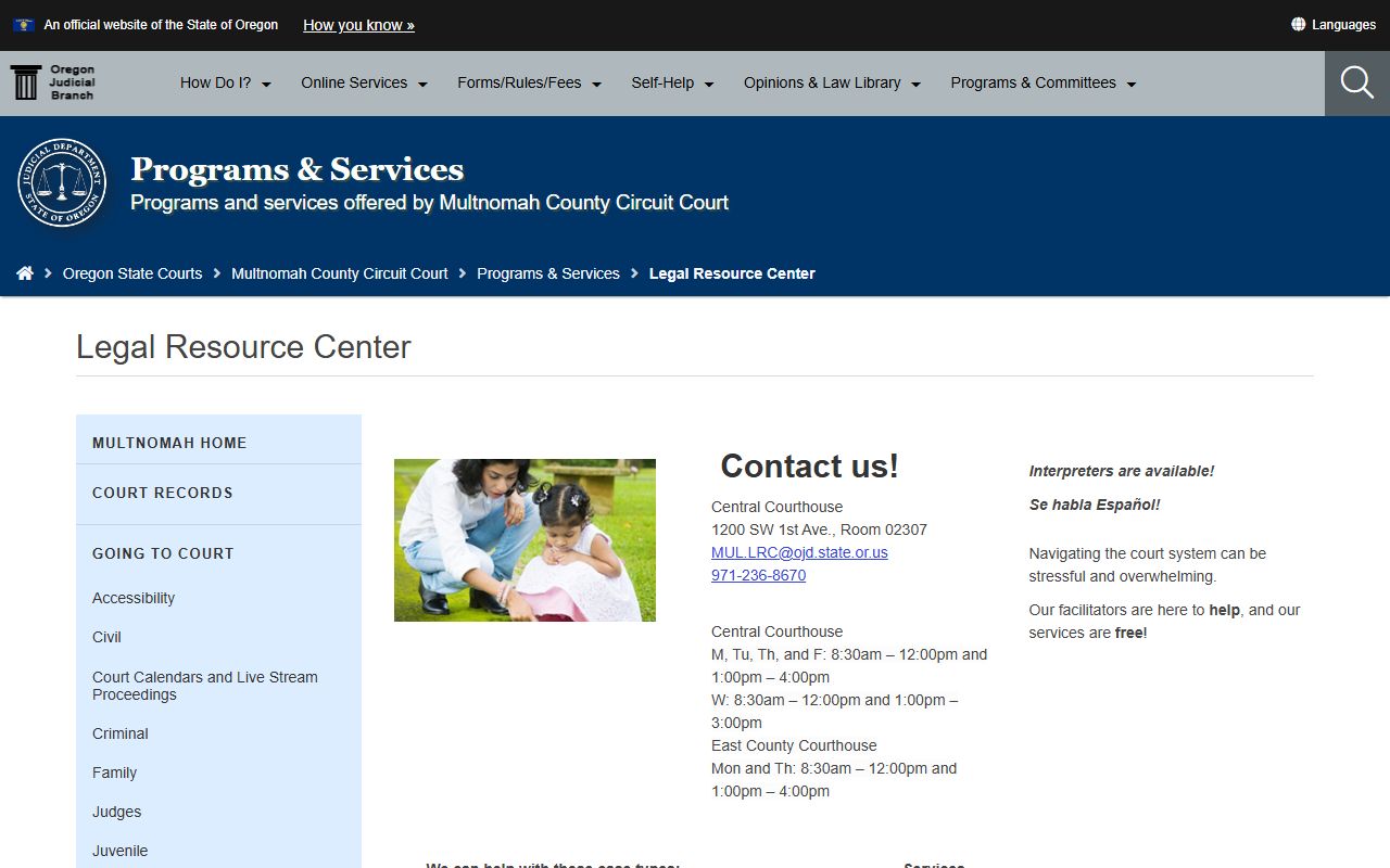 Multnomah County Legal Resource Center page for reading court dockets