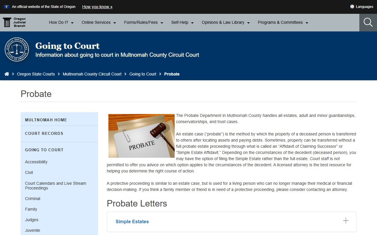 Multnomah County Probate Department page for probate court dockets