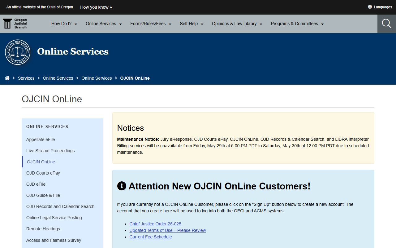 OJCIN Online subscription page for Multnomah County court records