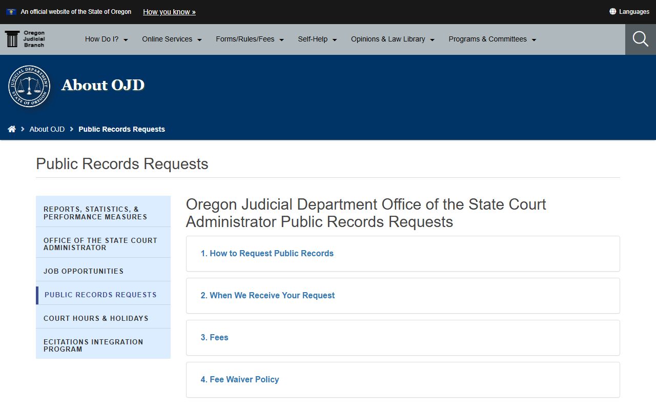 Oregon Judicial Department records policy page for Multnomah County court records