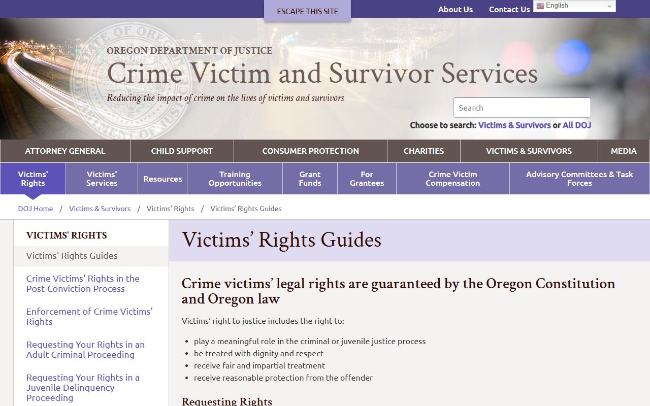 Oregon crime victims rights page for Multnomah County arrest records