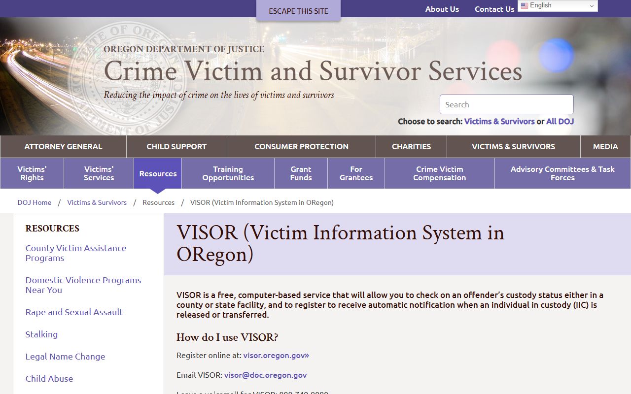 Oregon DOJ VINE and VISOR page tied to Multnomah County arrest records