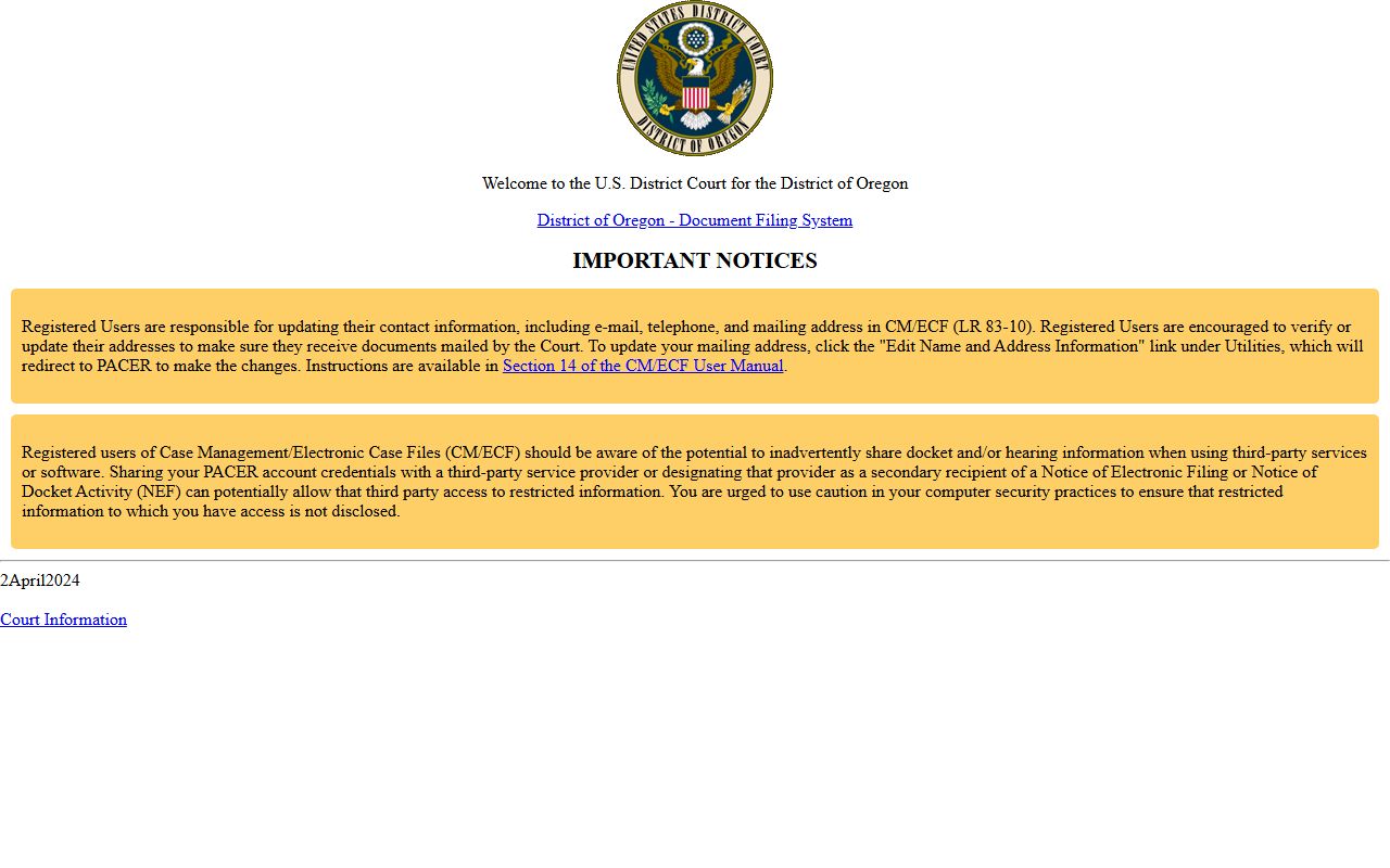 District of Oregon CM ECF system for Multnomah County federal court records