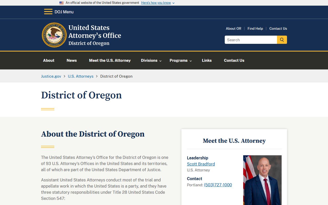 U.S. Attorney District of Oregon for Multnomah County federal records