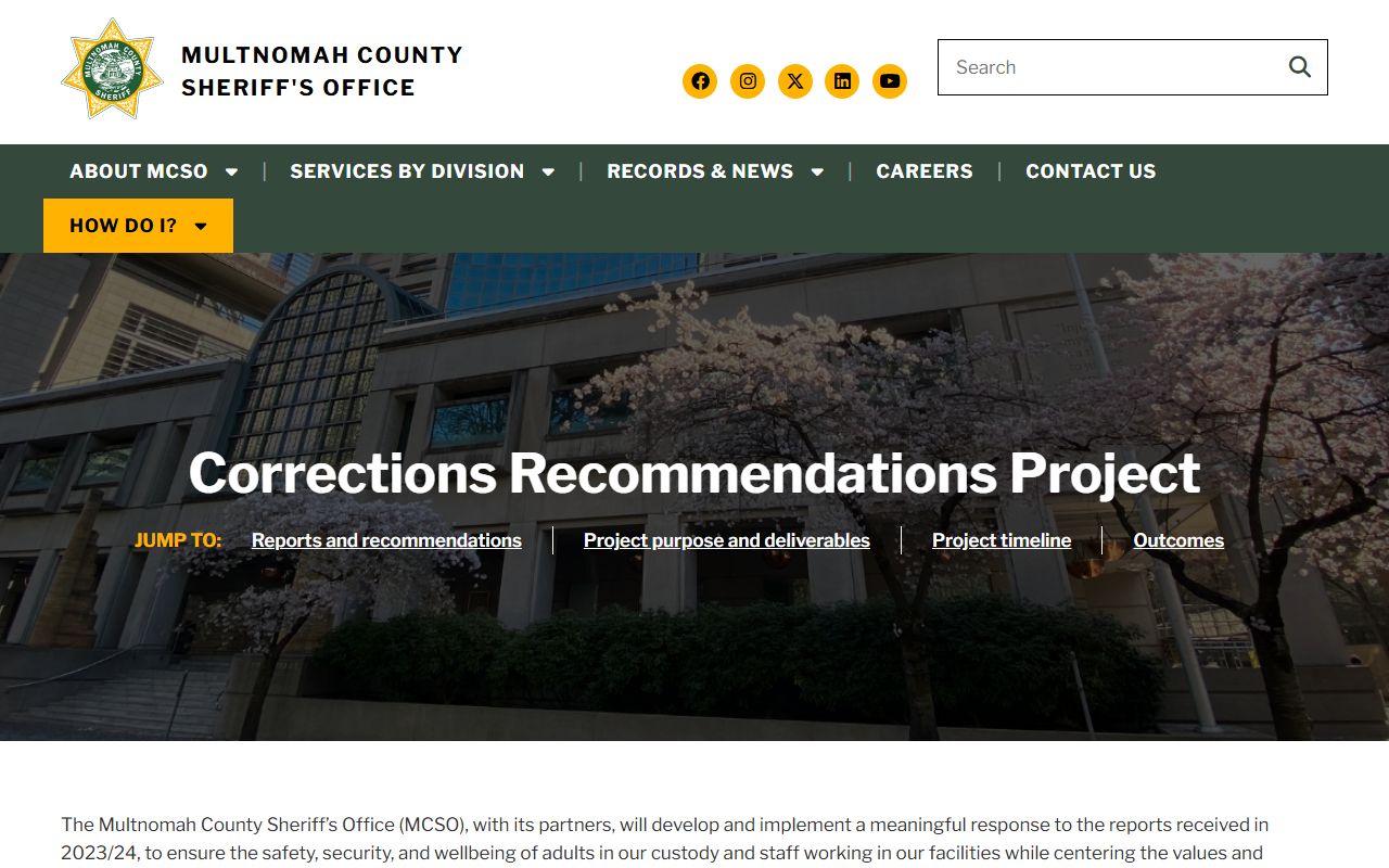 Multnomah County corrections recommendations project page for jail population data