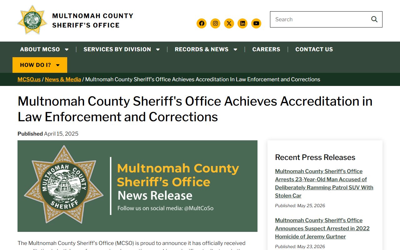 Multnomah County Sheriff accreditation announcement tied to jail population data