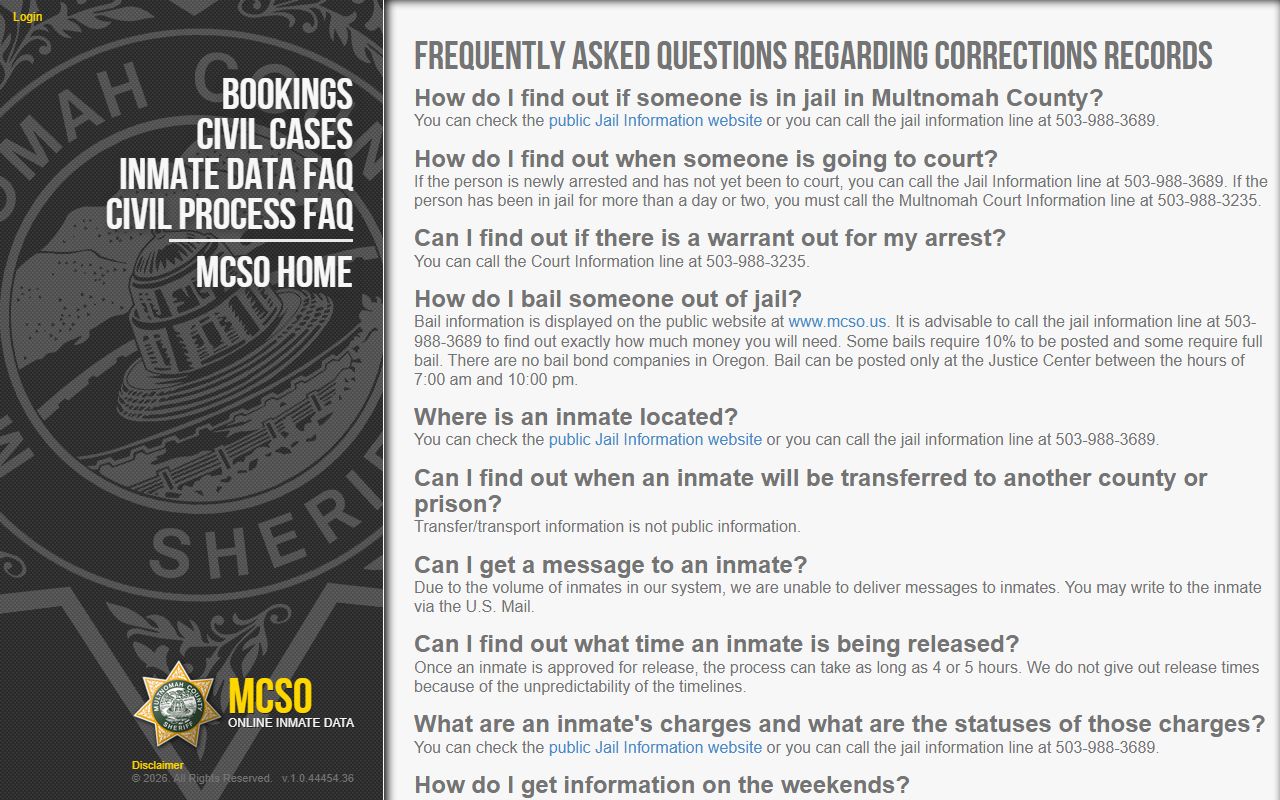 Multnomah County inmate data FAQ page for the jail roster
