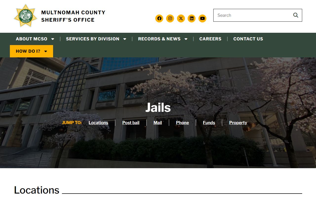 Multnomah County jails page with addresses and bail information