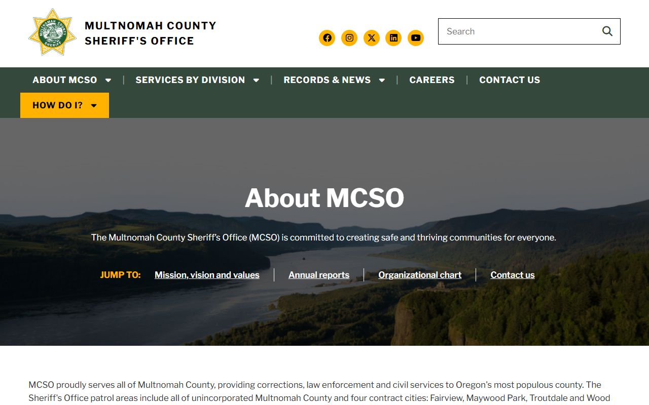 Multnomah County Sheriff about page for the jail and inmate records