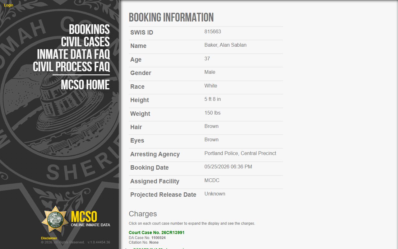 Sample Multnomah County jail booking profile for inmate records
