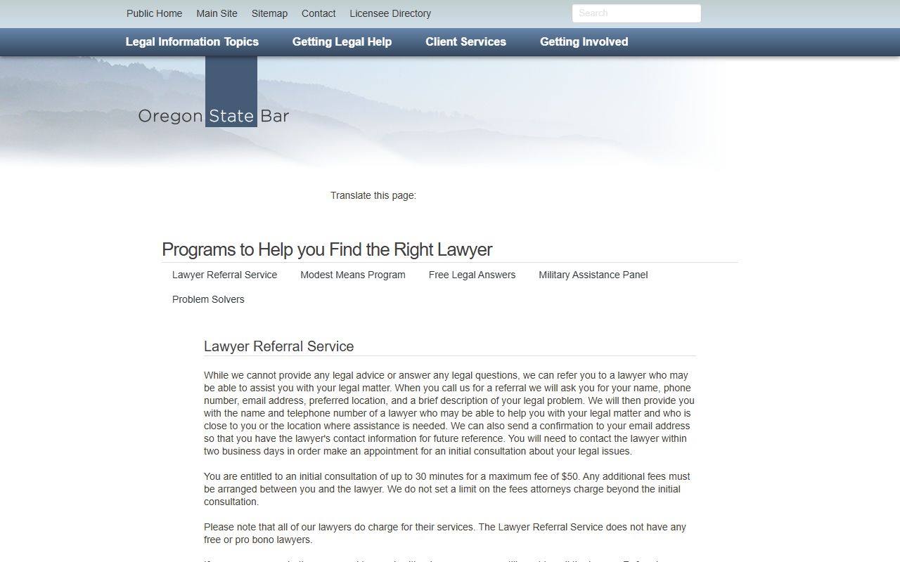 Oregon State Bar lawyer referral service for Multnomah County legal help