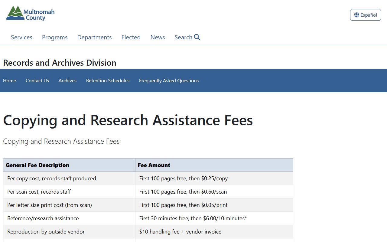 Multnomah County copying and research fees page for marriage records