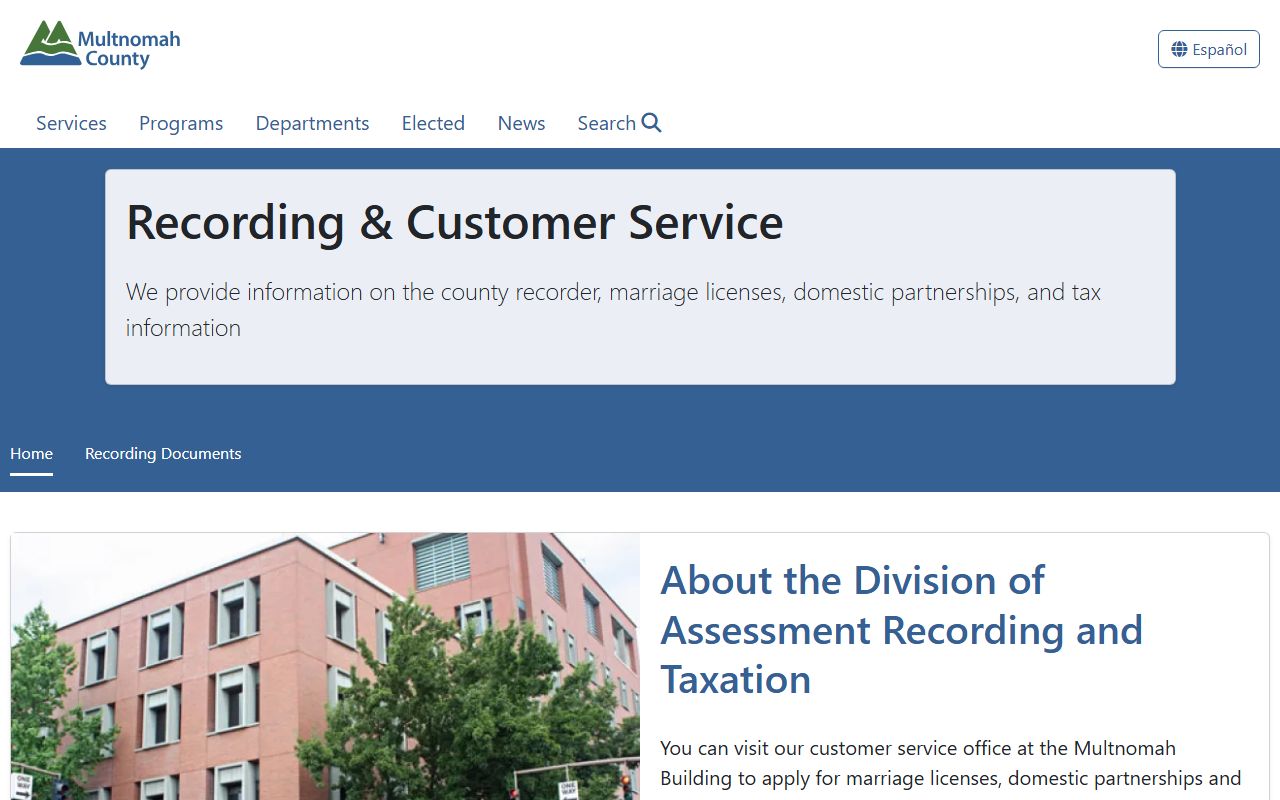 Multnomah County Recording and Customer Service page for marriage records