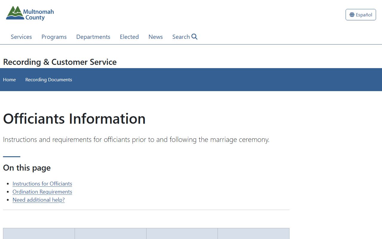 Multnomah County officiants information page for marriage records