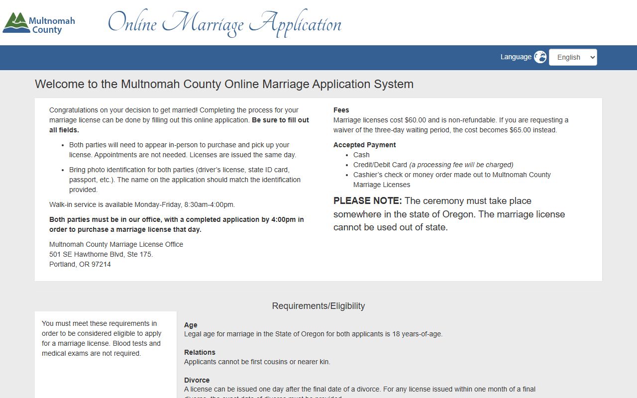 Multnomah County online marriage application for marriage records