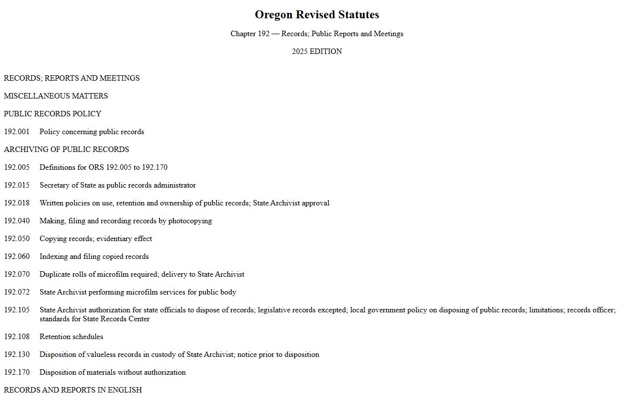 Oregon Revised Statutes Chapter 192 public records page for Multnomah County