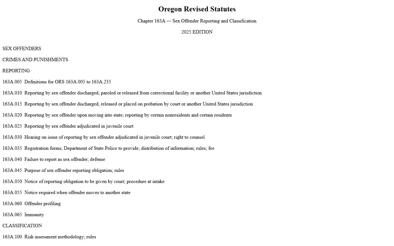Oregon Revised Statutes Chapter 163A sex offender information page for Multnomah County
