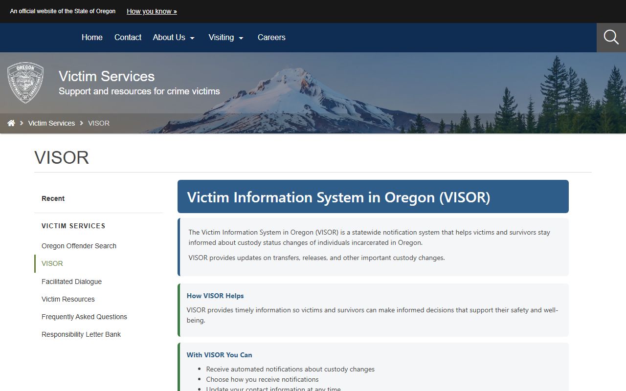 Oregon DOC VISOR victim services page for Multnomah County released inmates