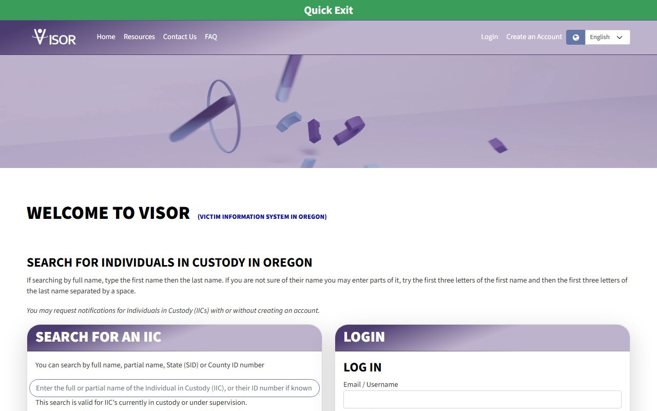 Oregon VISOR custody notification portal for Multnomah County released inmates