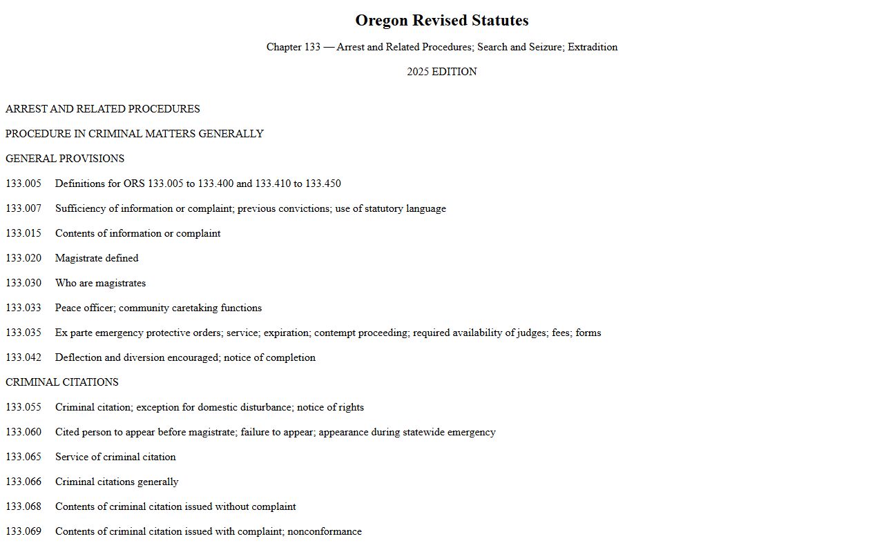 Oregon Revised Statutes Chapter 133 criminal citation page for Multnomah County traffic court records